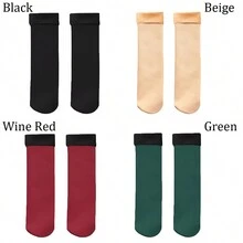 1對女士保暖袜，加厚雪地袜，適用於秋冬季節，抗寒家居地板袜，保暖純色女式家居襪，冬季舒適中筒襪 - 彩色 - 查看 2