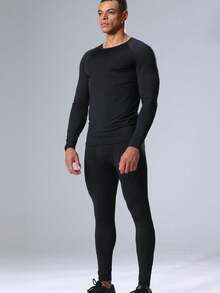 2 piezas Conjunto de ropa deportiva de compresión estilo novio, camiseta de capa base de manga larga para atletismo y mallas de gimnasio, conjunto de dos piezas estilo novio para hombre. - Negro - Ver 3