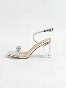 女士时尚水钻蝴蝶结装饰透明踝带透明粗高跟凉鞋，百搭优雅，适合迷人的夏日派对 - 銀色 - 查看 8