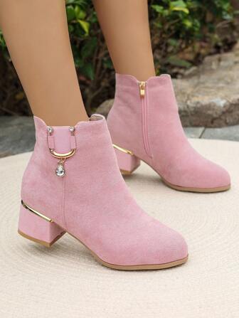 Dam 2025 Höst/Vinter Nya Mångsidiga Ankelstövlar, Grov Klack Mellanhäl, Mockastövlar, Spetsig Tå, Strassspänne, Plus Size