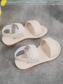 1pair Cream-Colored Roman Style Sandals For Infant And Toddler Girls, Knitted Back Strap, Wide Elastic Band, Round Toe, Flat Peep-Toe, Comfortable And Cute Beach Sandals Suitable For 3-12 Years Old Girls, Vacation, Casual, Outdoor, Party, Summer, Beach - Beige - View 6