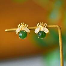 1 par de elegantes pendientes dorados con jade natural, pendientes de esmeralda con baño de oro resistente a alergias, pendientes decorativos de jade natural de estilo simple y retro, joyería exquisita para mujer, regalo de aniversario, cumpleaños o día de la madre para mujeres y madres, con caja de regalo exquisita. - F - Ver 1