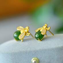 1 par de elegantes pendientes dorados con jade natural, pendientes de esmeralda con baño de oro resistente a alergias, pendientes decorativos de jade natural de estilo simple y retro, joyería exquisita para mujer, regalo de aniversario, cumpleaños o día de la madre para mujeres y madres, con caja de regalo exquisita. - F - Ver 6