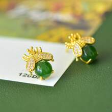 1 par de elegantes pendientes dorados con jade natural, pendientes de esmeralda con baño de oro resistente a alergias, pendientes decorativos de jade natural de estilo simple y retro, joyería exquisita para mujer, regalo de aniversario, cumpleaños o día de la madre para mujeres y madres, con caja de regalo exquisita. - F - Ver 3