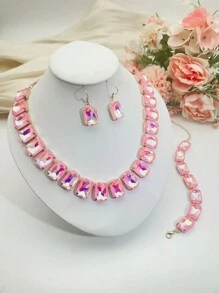 4pcs Artificial Crystal Fashionable Mocha Pink & Mocha Blue Earrings, Bracelet, Necklace Set For Women - Crystal Set - View 9