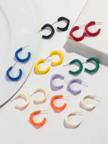1 Set Of 6 Pairs Popular Fashion Colorful Matte Acrylic Asymmetrical Geometric C-Shaped Hoop Earrings Suitable For Women's Daily Wear - Colorful - View 9