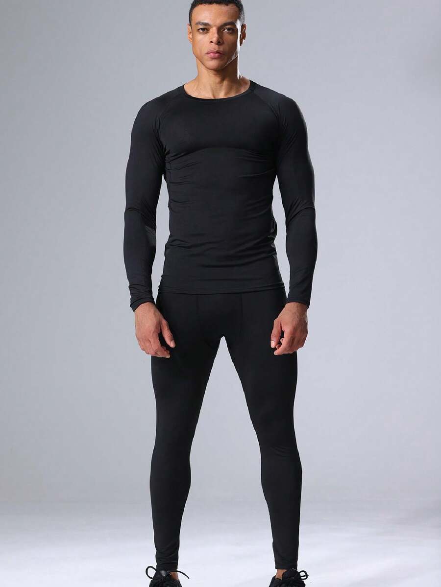 2 piezas Conjunto de ropa deportiva de compresión estilo novio, camiseta de capa base de manga larga para atletismo y mallas de gimnasio, conjunto de dos piezas estilo novio para hombre. - Negro - Ver 1