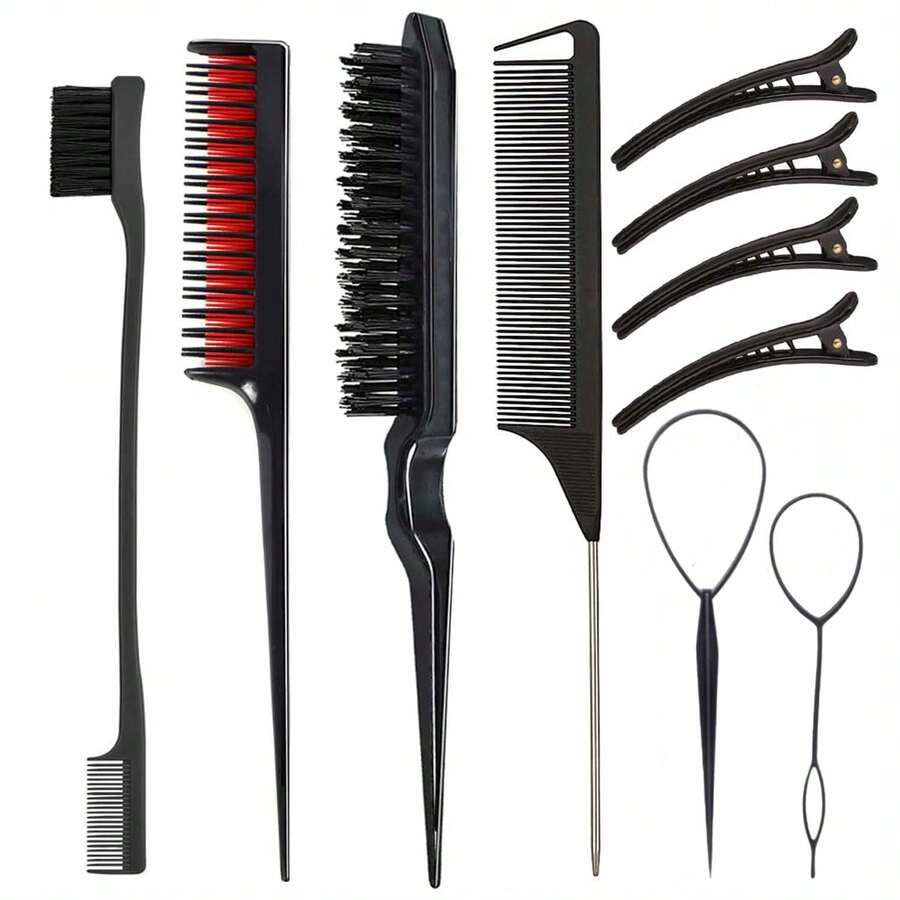 Set de 10/8/6 piezas de peines para peinado - Cepillo de peinado, peine triplete, peine de cola de rata, cepillo de bordes, herramientas para el cabello con clips de pelo para mujeres, niñas, niños y estilistas de cabello para trenzar y peinados. - Negro - Ver 1