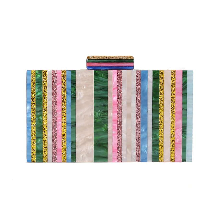 Poșetă multicoloră din acril în stil european și american, cu lanț metalic curcubeu, geantă de seară, geantă de umăr, geantă crossbody, mini geantă cu dungi verticale, geantă elegantă pentru rochie pentru femei, geantă cosmetică, geantă de mireasă - Multicolor - Vizualizare 1