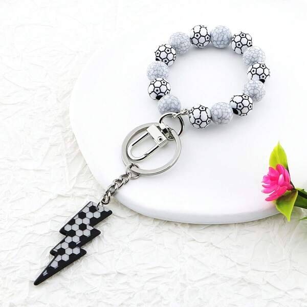 1pc Y2K Acrylic Basketball Football Volleyball Baseball Tennis Handmade Beaded Car Keychain, Lightning Bolt & Streamer Pendant Keyring, Bohemian Backpack Ornament, Creative Novelty Gift For Sports Enthusiasts, Suitable For Mardi Gras Birthday Party Favors,  Ball Event Gifts