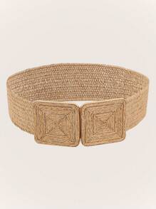 1pc Ladies' Square Rattan Plaited Belt With Metal Buckle And Woven Pp Grass Boho Summer, School Fall, Autumn, Halloween - Khaki - View 15