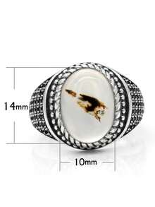 OHMMHO 1 件精美 S925 纯银男士天然玛瑙石独特图案镶嵌戒指首饰 - 白色 - 查看 9