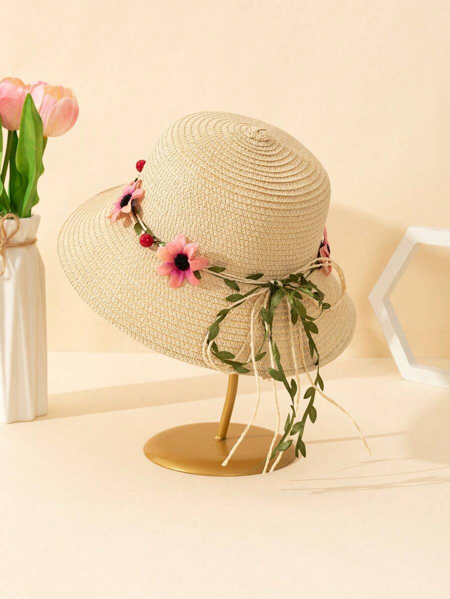 1pc Unisex Toddler Floral Wreath & Bow Decor Beige Floppy Sun Hat, Suitable For Summer Outdoor, Beach Vacation, UV Ion, Children Gift, Wedding Season - Beige - View 1