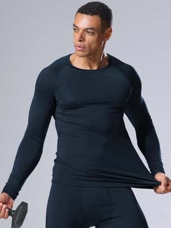 1pc Boyfriend Style Men's Black Compression T-Shirt, Long Sleeve High-Elasticity Thermal Top For Sports And Fitness