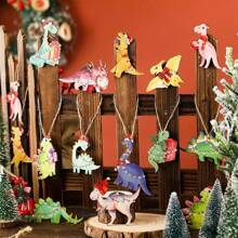 24 Piezas, Decoraciones navideñas de madera, árbol de Navidad Dinosaurio Gato Colgantes, Gato Negro y Dinosaurio Navideños de Madera, favores de fiesta de Navidad, decoraciones para Halloween y Acción de Gracias