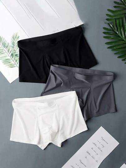 3 peças de Cuecas Boxer Masculinas sem costura de seda de gelo na cor sólida, cuecas elásticas confortáveis e frescas de tecido fino e respirável