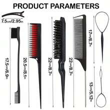 Set de 10/8/6 piezas de peines para peinado - Cepillo de peinado, peine triplete, peine de cola de rata, cepillo de bordes, herramientas para el cabello con clips de pelo para mujeres, niñas, niños y estilistas de cabello para trenzar y peinados. - Negro - Ver 2