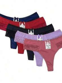 KIT 5 Double Thong Panties With Lace Microfiber Lingerie - 彩色 - 查看 3