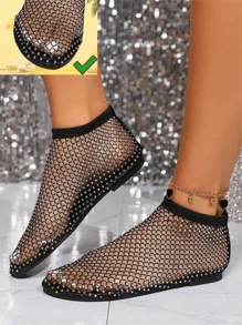 Women's Flat Sandals/Boots, Fashionable Round Toe Black Sandals With Rhinestones, Casual & Comfortable Slip-On Mesh Shoes, Lightweight, Breathable, Non-Slip, Perfect For Outdoor Wear Valentines - Black - View 4