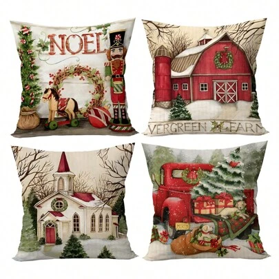 4 件圣诞主题枕套，圣诞快乐，农舍风格，45x45 厘米，圣诞家居装饰，不含枕芯。，万圣节，万圣节装饰
