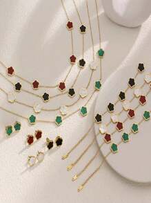 6 件五叶草首饰套装女士 18K 不锈钢手链项链耳环五叶幸运颈链和耳钉，适合母女佩戴 - 彩色 - 查看 2