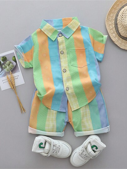 Baby Boy Colorful Wide Striped Collar Shirt And Shorts Set, Summer