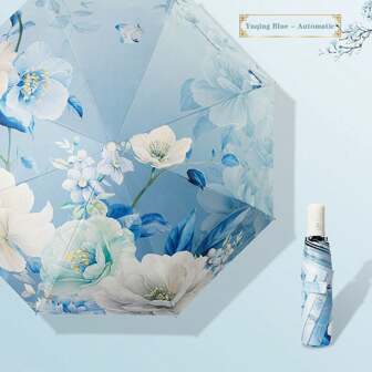 1把8骨自动折叠伞，中国牡丹花纹，黑色涂层，防晒，晴雨两用，学生及成人适用折叠伞