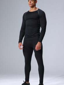 2pcs Boyfriend Style Men's Compression Running Suit Set, Long Sleeve Gym Baselayer Top And Tight Fitness Pants Set Boyfriend Style Men Two Pieces Outfits - Multicolor - View 3