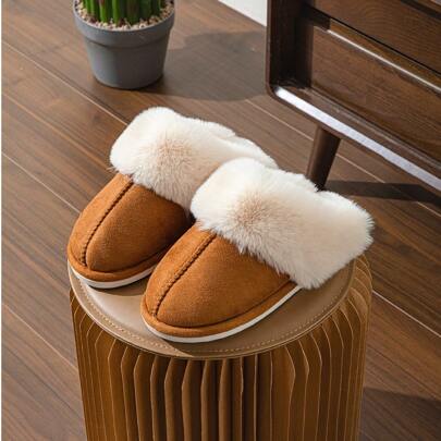 Men's Solid Color Simple Style Autumn/Winter Home Slippers, Flat Insole, Faux Rabbit Fur, Unisex Couple Slippers