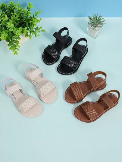 1 双黑色编织带罗马凉鞋，适合女婴，粗弹性带，圆头平底舒适可爱沙滩凉鞋，适合 3-12 岁女孩，度假、休闲、户外、派对、夏季