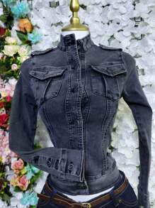 Chaqueta de Mezclilla Slim Fit Estilo Militar con Cuello Alto y Detalles de Charreteras - Denim Lavado Elástico MOD. MOA - Gris - Ver 7