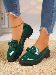 英倫風格女士春秋新款蝴蝶結款式懶人鞋，厚底高跟便鞋 - 綠色 - 查看 4