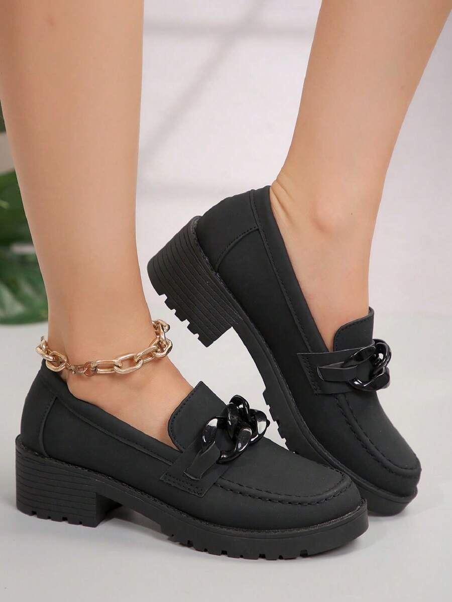 Zapatos Oxford de plataforma gruesa y tacón grueso para mujer, mocasines negros de punta cuadrada con decoración de cadena, zapatos informales cómodos - Negro - Ver 1