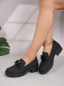 Zapatos Oxford de plataforma gruesa y tacón grueso para mujer, mocasines negros de punta cuadrada con decoración de cadena, zapatos informales cómodos - Negro - Ver 6