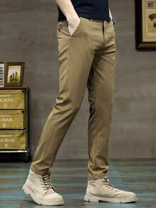 男士修身卡其色彈性腰休閒商務褲 - 卡其色 - 查看 6