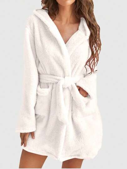 1 pieza Bata de baño con capucha y cinturón de unicolor para mujer, cómoda y cálida para otoño/invierno, esponjosa y acogedora