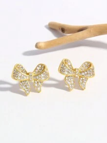 1 Cặp bông tai nơ Cubic Zirconia khảm đồng Valentine - Vàng - Xem 3
