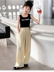Pantalones casuales de pierna ancha para niñas, nuevos pantalones para niñas en ropa infantil - Albaricoque - Ver 7