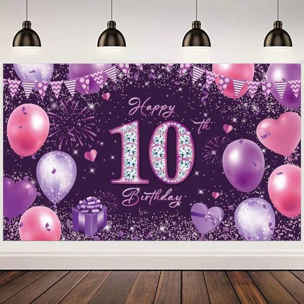 1PC, Birthday Party Background Cloth Banner, Purple Happy 10th Birthday Decoration Banner, Photo Background Cloth, Home Decoration, Party Decoration, Birthday Cake Table Supplies Poster Hanging Banner Decoration, Vinyl Decoration Photo Studio Props, Product Size 150cm/59in * 100cm/39in,Christmas