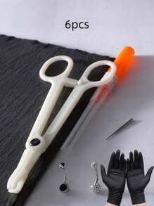 6pcs Belly Button Piercing Tool Kit, Including Round Mouth Piercing Locating Plier, One-Time 14G Piercing Needle, One-Time 14G Outer Diameter Drawing Needle,  Black Glove And 2 Navel Piercing Rings, Suitable For Beauty Personal Use - Multicolor - View 10