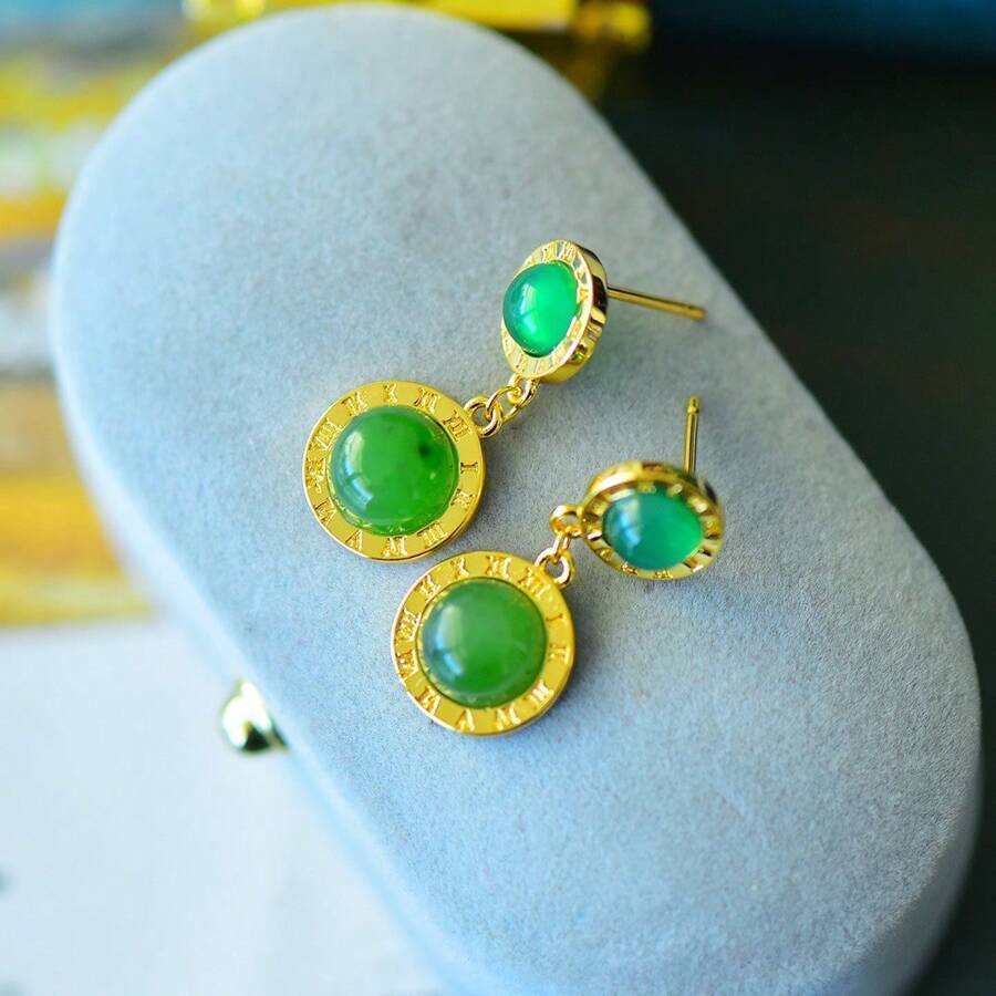 1 Pair Of Natural Jade Gold-Plated Elegant Earrings, Allergy-Resistant Gold-Plated Emerald Earrings, Natural Jade Decorative Earrings, Retro Simple Style, Exquisite Women's Jewelry, Jewelry Anniversary Birthday Mother's Day Gift For Women Mother Wife With Exquisite Gift Box.