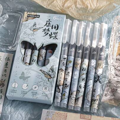 حبر ملون بتصميم الفراشة، طقم أقلام حبر جاف رولر بول محدودة الإصدار 6 قطع في العلبة، طراز صيني جذاب للعودة إلى المدرسة