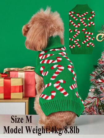 1pc Green Candy Cane Patterned Dog/Cat Sweater, Autumn & Winter, Casual & Warm Pet Clothes,Christmas,Christmas Decorations
