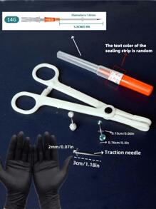 6pcs Belly Button Piercing Tool Kit, Including Round Mouth Piercing Locating Plier, One-Time 14G Piercing Needle, One-Time 14G Outer Diameter Drawing Needle,  Black Glove And 2 Navel Piercing Rings, Suitable For Beauty Personal Use - Multicolor - View 5