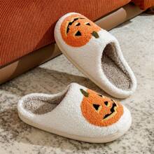Women's Halloween Classic Pumpkin Open Toe Slippers, Casual Winter Halloween Ghost Face Slippers