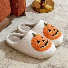 Women's Halloween Classic Pumpkin Open Toe Slippers, Casual Winter Halloween Ghost Face Slippers