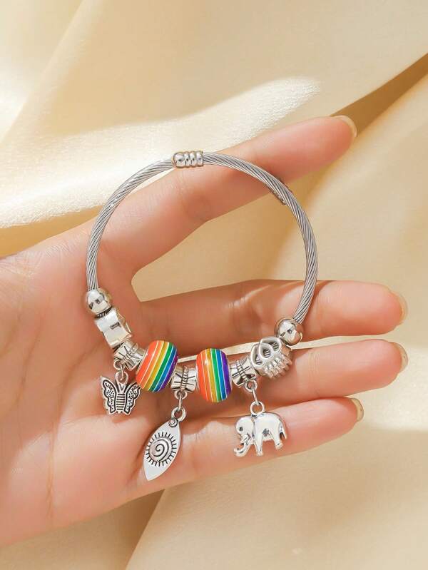 1 pièce Bracelet de style bohème avec perles arc-en-ciel, éléphant et papillon