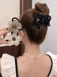 6pcs Elegant Sunflower Mesh Hair Clips, All-Match Hair Claws With High-End Feel - Black - View 3