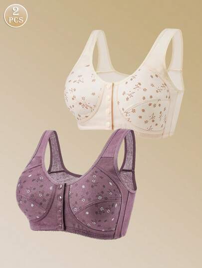 2pcs Soft & Comfortable Front Closure Full Figure Bras Without Underwires, For Mature Women