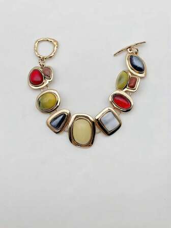 1入歐美復古風格，鋅合金鑲嵌彩色幾何樹脂寶石，簡約高端復古手環，適用於女性，休閒度假，紀念日禮物